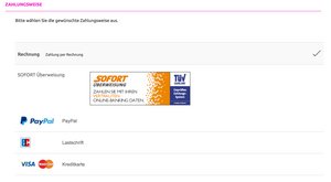 Bezahlmöglichkeiten während des Bestellvorgangs: Sofortüberweisung, Zahlung auf Rechnung, Kreditkarte oder Lastschrift